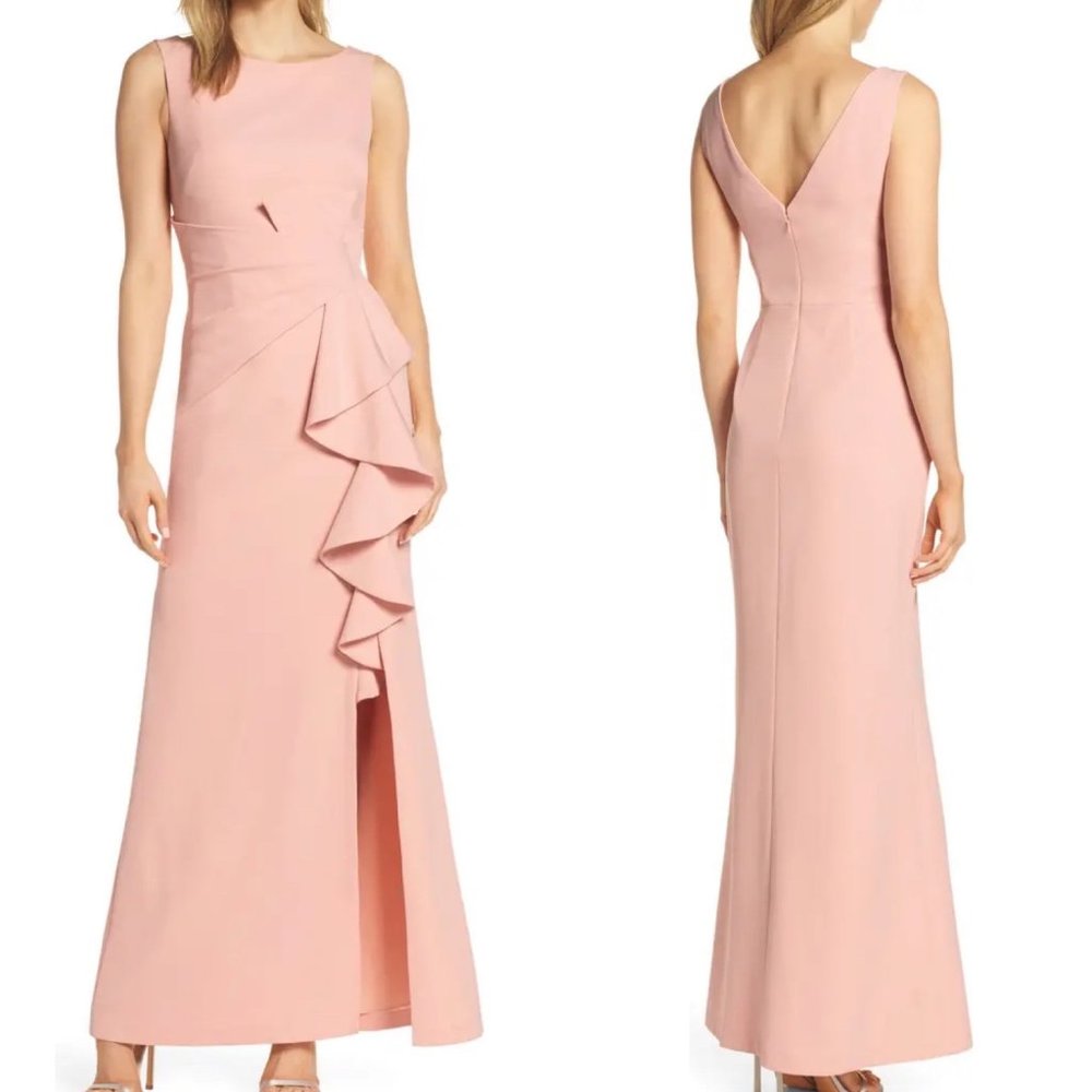 Eliza J Women's Pink Bateau Neck Sleeveless Ruffle Front Gown Maxi Dress Size 14